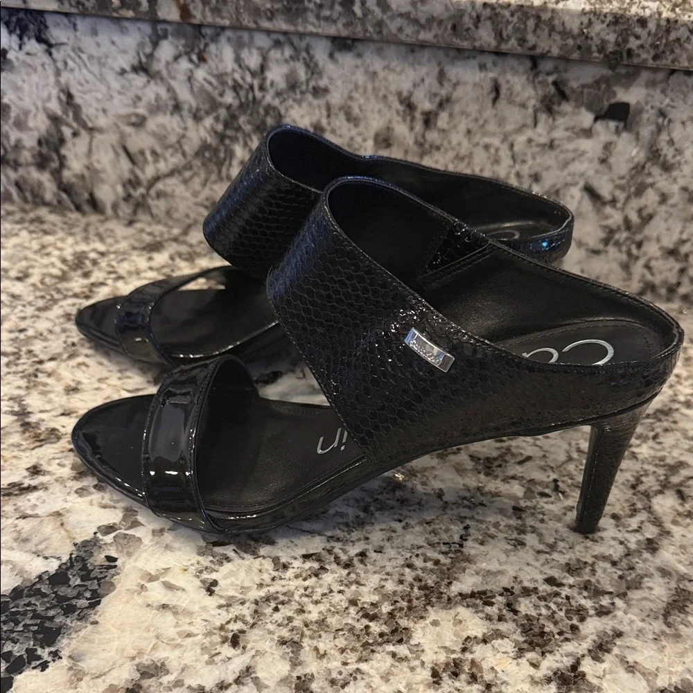 Calvin Klein Black Patent & Snake-Texture Heel Sandals - Picture 5 of 9